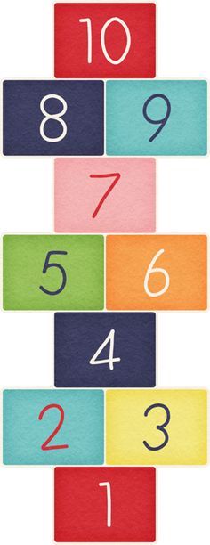 Colorful hopscotch grid with numbers 1 to 10 on textured squares in red, blue, teal, pink, green, orange, and yellow.