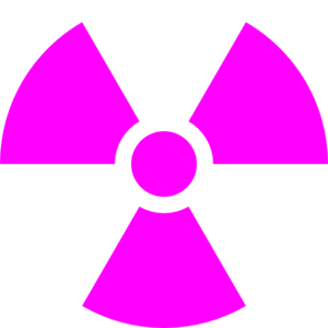 Bright magenta international radiation hazard symbol on black background.