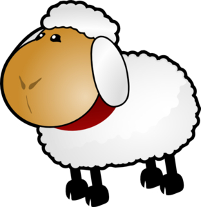 Cartoon sheep with fluffy white wool, tan face, and red collar on black background.