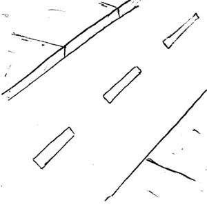 Hand-drawn sketch of a road with lane markings and rectangular objects resembling vehicles or road signs.