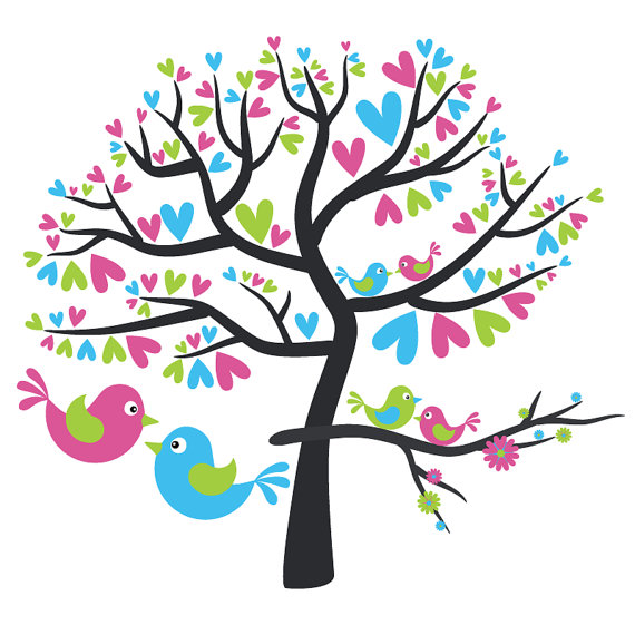 Colorful cartoon birds perched on a black tree with heart-shaped leaves in pink, blue, and green.