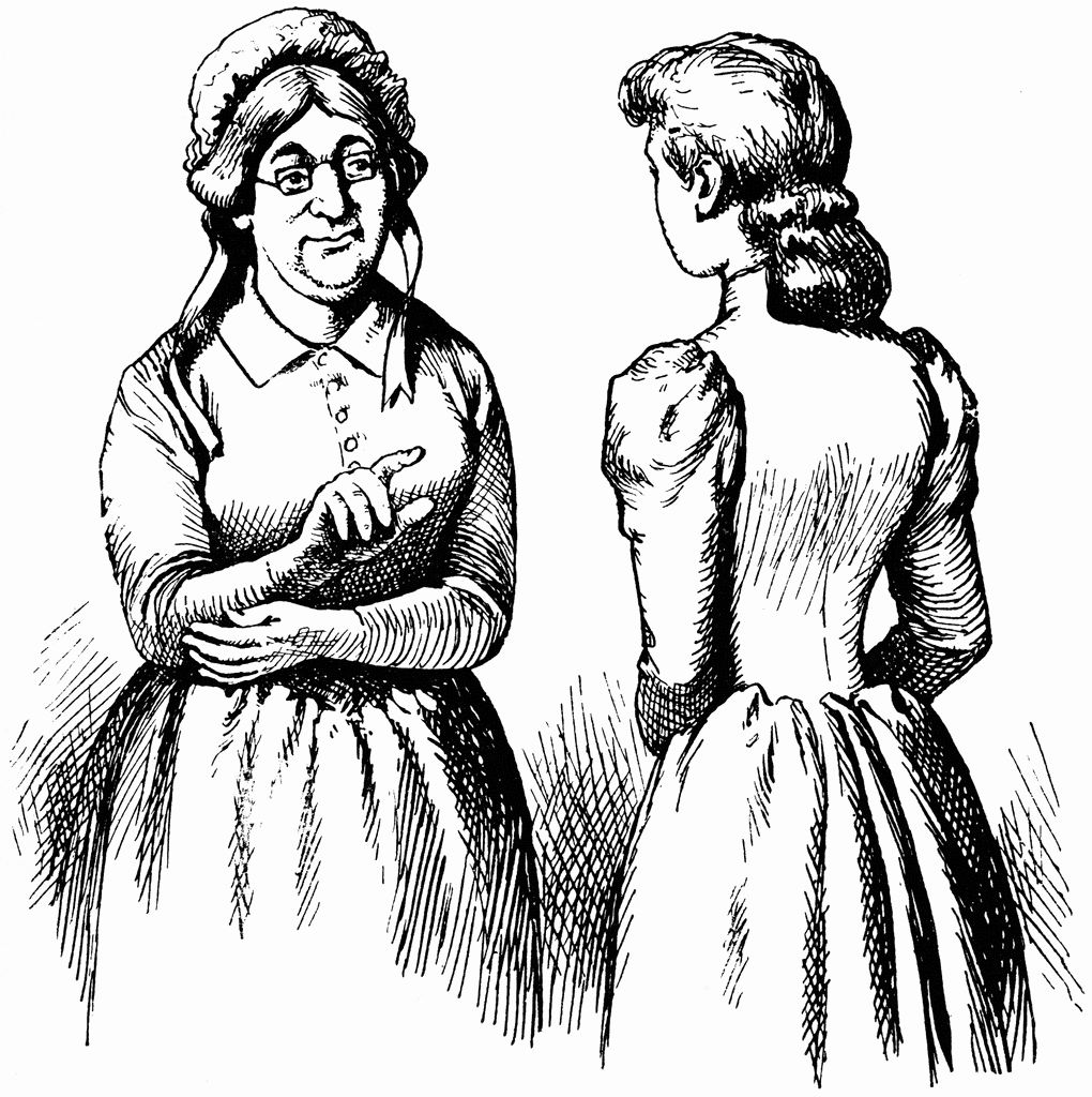 Victorian-era woman in bonnet and spectacles gestures while speaking to a younger woman in period dress, black-and-white line illustration.