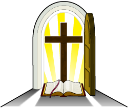 An open wooden door reveals a glowing cross and open Bible bathed in radiant light.