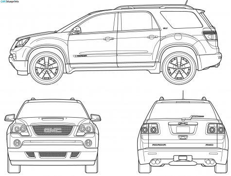 Technical line drawing of a GMC Acadia SUV showing side, front, and rear views with detailed wheel and grille design.