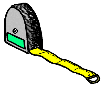 Yellow measuring tape extended from a gray case with green digital display, cartoon-style illustration.