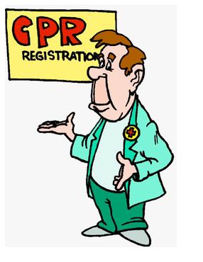 Cartoon doctor gesturing toward a "CPR Registration" sign, promoting emergency response training.