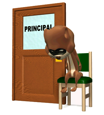 A sad cartoon otter sits on a green chair outside a wooden door labeled "PRINCIPAL", head bowed in disappointment.