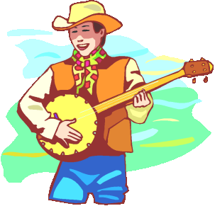 Smiling cowboy in hat and vest playing a banjo against a colorful abstract background.