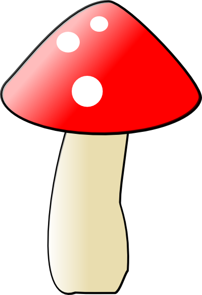 Bright red mushroom with white spots and a cream-colored stem, cartoon-style illustration.