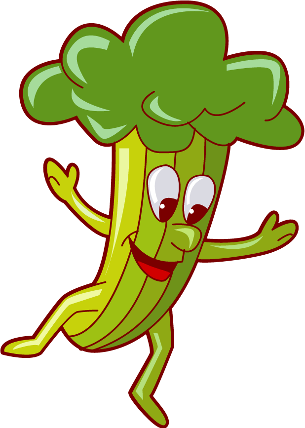 Cheerful cartoon celery character with arms, legs, and a smiling face, running joyfully.