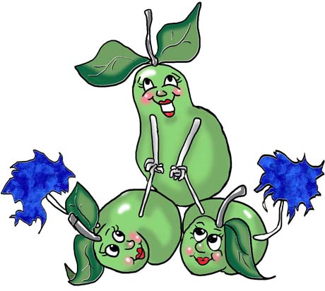 Three cheerful green pear characters in a cheerleading pyramid with blue pom-poms.