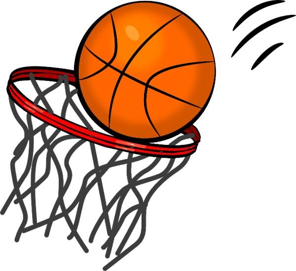 Orange basketball swishing through a red rim and net with motion lines indicating speed.