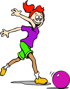 Cartoon girl with red hair in purple shirt and green shorts kicking a purple ball.