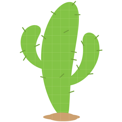 Green cartoon-style saguaro cactus with spines and grid overlay on white background
