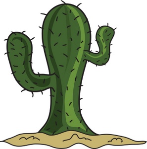 Green cartoon-style saguaro cactus with three arms and spines, standing on sandy soil against a white background.