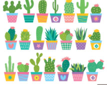 Colorful illustrated cacti in patterned pots arranged in three rows.