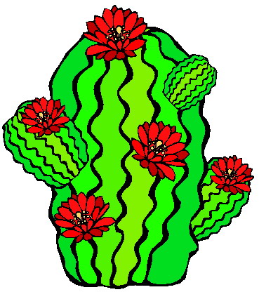 Vibrant green barrel cactus with five bright red flowers blooming on its ridged surface.
