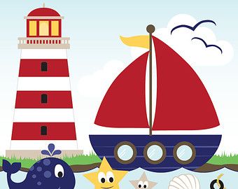 Colorful cartoon lighthouse, red-sailed sailboat, and friendly sea creatures on a sunny coastal scene.