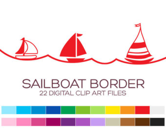 Red sailboat border graphic with three stylized boats on wavy line, above text "SAILBOAT BORDER" and color palette swatches.