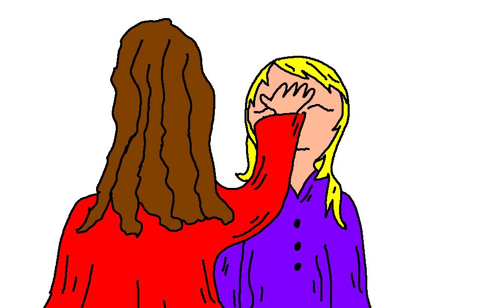 A person in red covers another person's face with their hand, who appears distressed and is wearing purple.