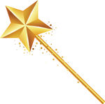 Golden star-tipped magic wand with sparkling particles on white background