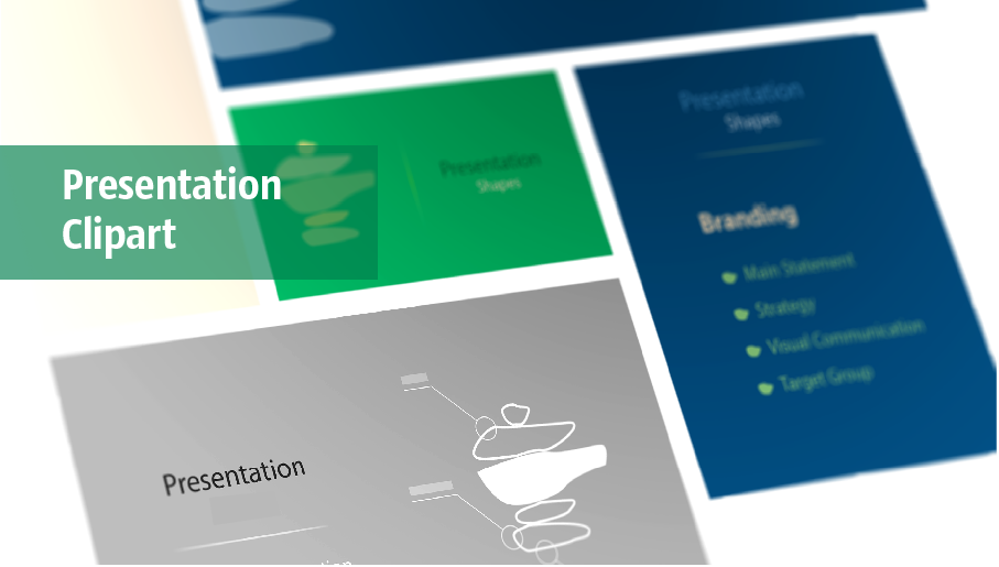 Abstract presentation slide templates with branding elements and diagrammatic visuals in green, blue, and gray tones.