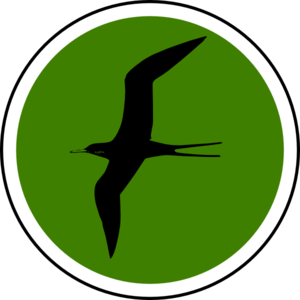Silhouette of a soaring frigatebird against a solid green circular background with white border.