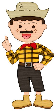 Cartoon farmer in plaid shirt, cowboy hat, and boots giving a thumbs-up gesture.