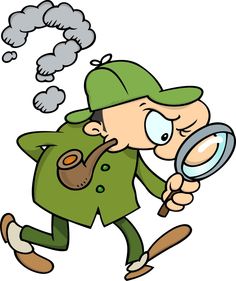 Cartoon detective in green outfit holding magnifying glass with question mark cloud above head.
