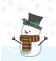 Cheerful cartoon snowman wearing a black top hat with holly and a red-green striped scarf, arms outstretched against a snowy backdrop.
