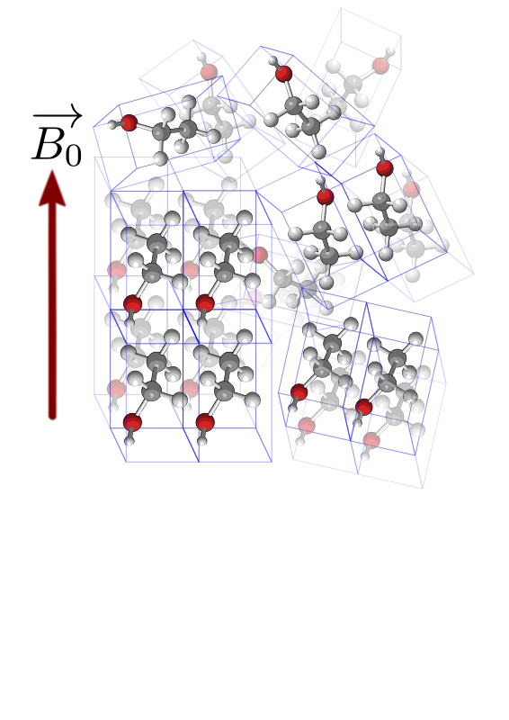 3D molecular structure of ice crystals showing hydrogen bonds and unit cells with upward directional arrow indicating phase transition.
