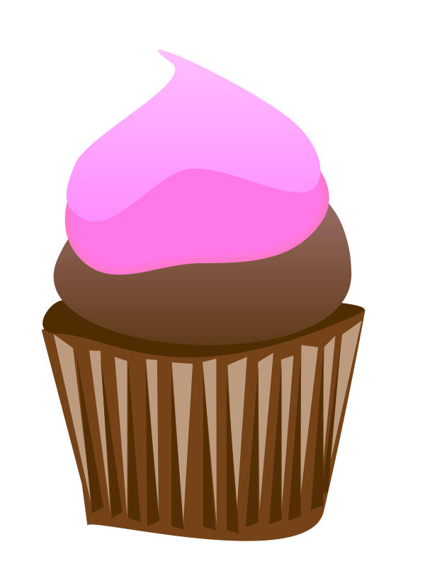 Chocolate cupcake with pink frosting in a brown paper liner