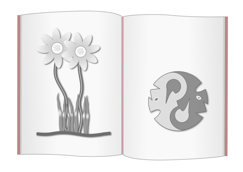 Two stylized white daisies with gray stems beside a yin-yang-inspired fish symbol, framed by red vertical lines on black background.