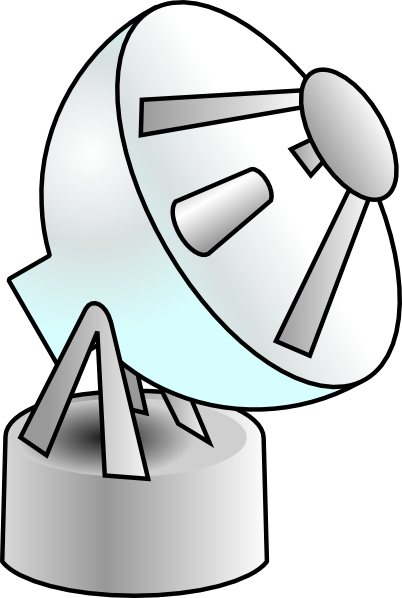 Silver satellite dish with tripod mount on cylindrical base, stylized vector illustration.