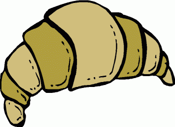 Golden-brown cartoon croissant with flaky layers and curved shape, isolated on white background.
