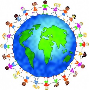 Diverse children holding hands in a circle around a colorful Earth globe, symbolizing global unity and inclusion.