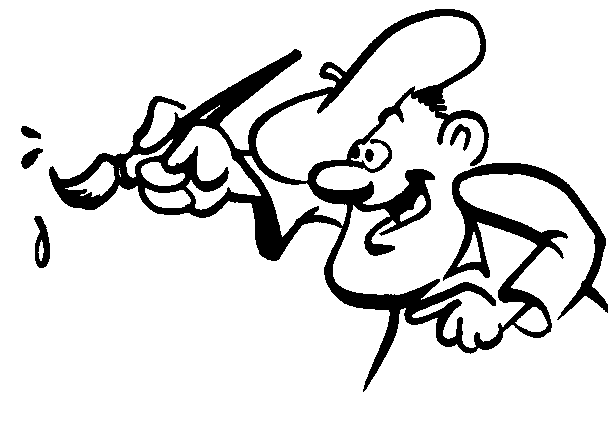 Cartoon artist energetically painting with a brush, ink splashing mid-stroke.