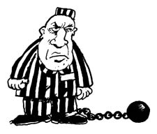 Grumpy cartoon prisoner in striped uniform with ball and chain, hands on hips.