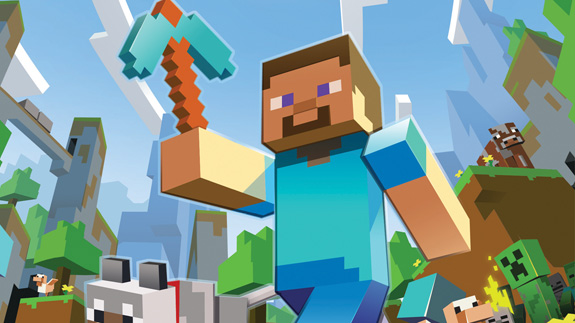 Steve from Minecraft holding a diamond pickaxe, surrounded by iconic blocky terrain and mobs like creepers and pigs.