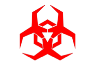 Red biohazard symbol on white background, indicating biological risk or contamination.