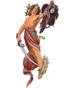 Mythological warrior holding a sword and severed head, wearing laurel crown and draped cloth, in dynamic heroic pose.
