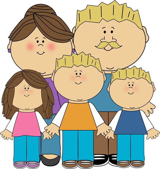 Cartoon illustration of a happy family with two parents and three children holding hands.