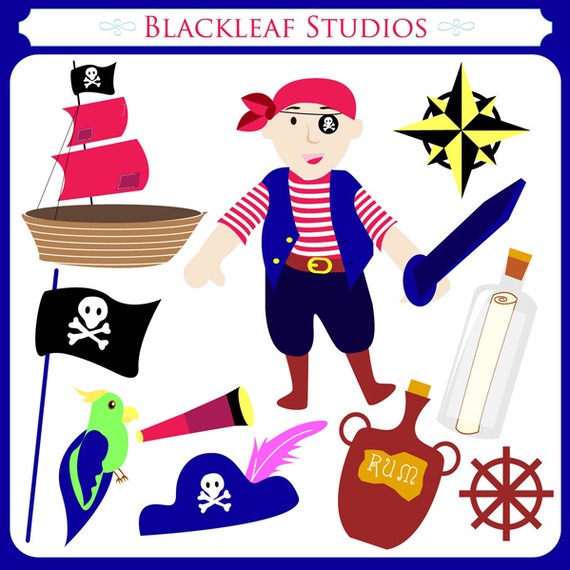 Pirate-themed clipart set featuring a pirate character, ship, flag, parrot, sword, rum bottle, compass, and hat.