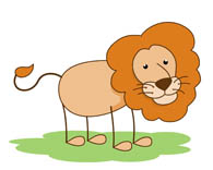 Friendly cartoon lion standing on green grass with a smiling face and fluffy orange mane.