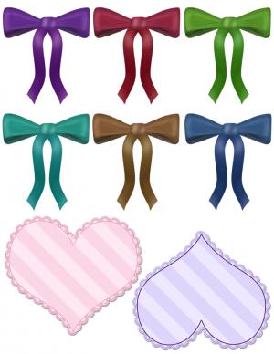 Six colorful satin ribbons and two striped heart shapes for decoration or craft design.