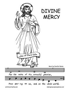 Jesus Christ depicted as Divine Mercy with rays of light, holding a heart, standing on clouds, with musical notation below.