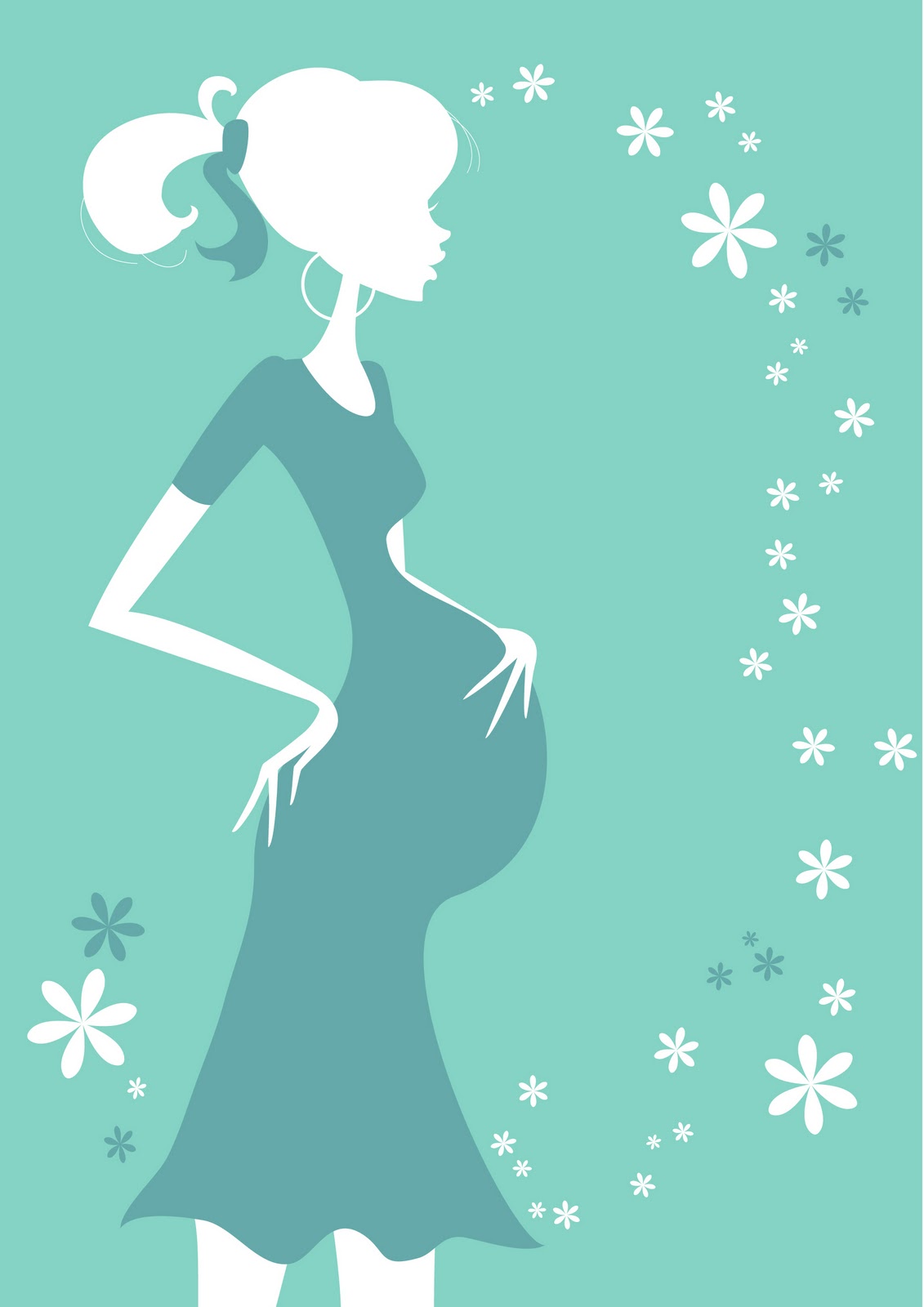Silhouette of a pregnant woman in profile, gently cradling her belly, surrounded by delicate white and teal flowers on a mint background.