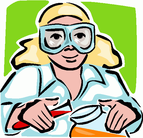 Scientist in lab coat and goggles examining a test tube with magnifying glass against green background.