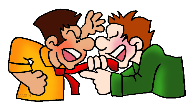 Two cartoon boys laughing and playfully tugging a red scarf, one in yellow shirt, the other in green.