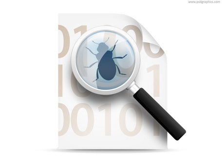 Magnifying glass inspecting a bug on a document with binary code, symbolizing software debugging or security scanning.
